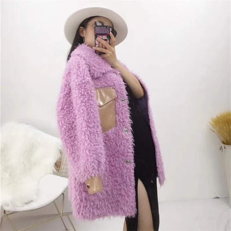 

jackets for women winter 2021 new fashion patent leather pocket women real lamb wool fur coat suede leather lined