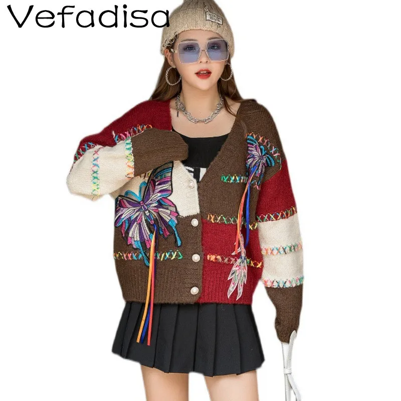 

Vefadisa 2021 Autumn New Women Clothing Stitching Contrast Cardigan Sweater Coat Fashion Embroidered Short Cardigan Jacket TT343