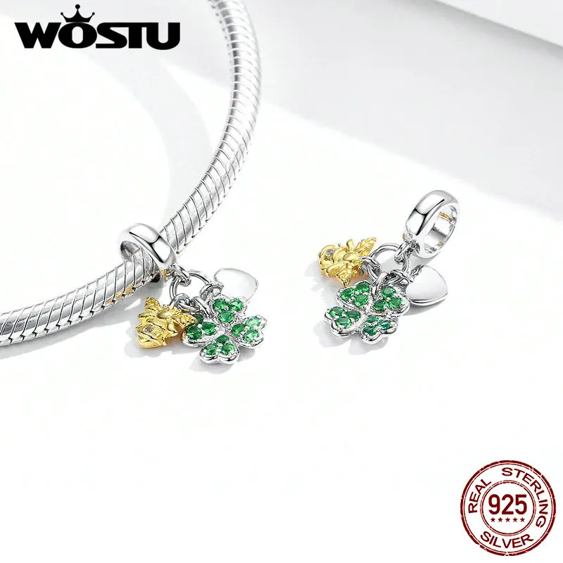 WOSTU Горячая Мода 100% Настоящее серебро 925 пробы кулон клевер с Пчелой Шарм мотаться