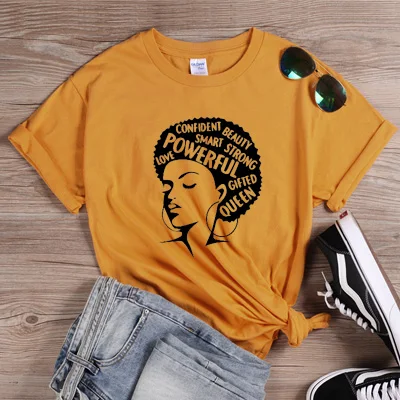 ONSEME Afro Lady Graphic футболки Женская Феминистская футболка Девушка сила королева лето черный розовый Женская футболка Эстетическая одежда Q-882 - Цвет: Yellow