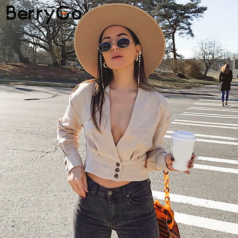 BerryGo Elegant v neck blouse shirt women Long sleeve buttons female short tops shirts Casual streetwear autumn ladies blouses | Женская