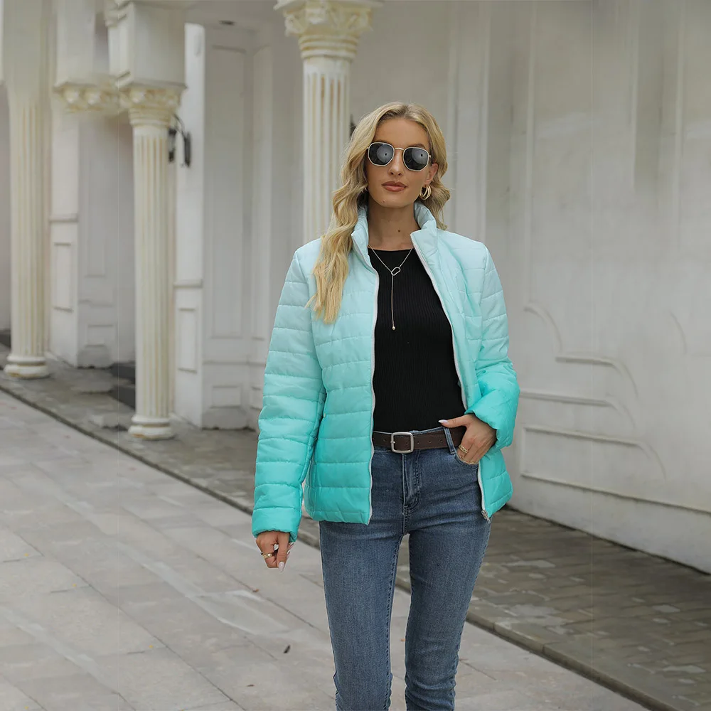 Women's Winter Fashion Gradient Zipper Pocket Long Sleeve Jacket New Printed Top Coat Outdoor Thicken Warm Casual Loose Jacket