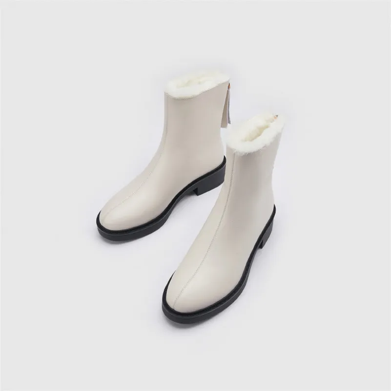 

ANNYMOLI Genuine Leather Platform Mid Heel Ankle Boots Women Short Boots Shoes Zipper Chunky Heels Warm Lady Boots Winter Beige