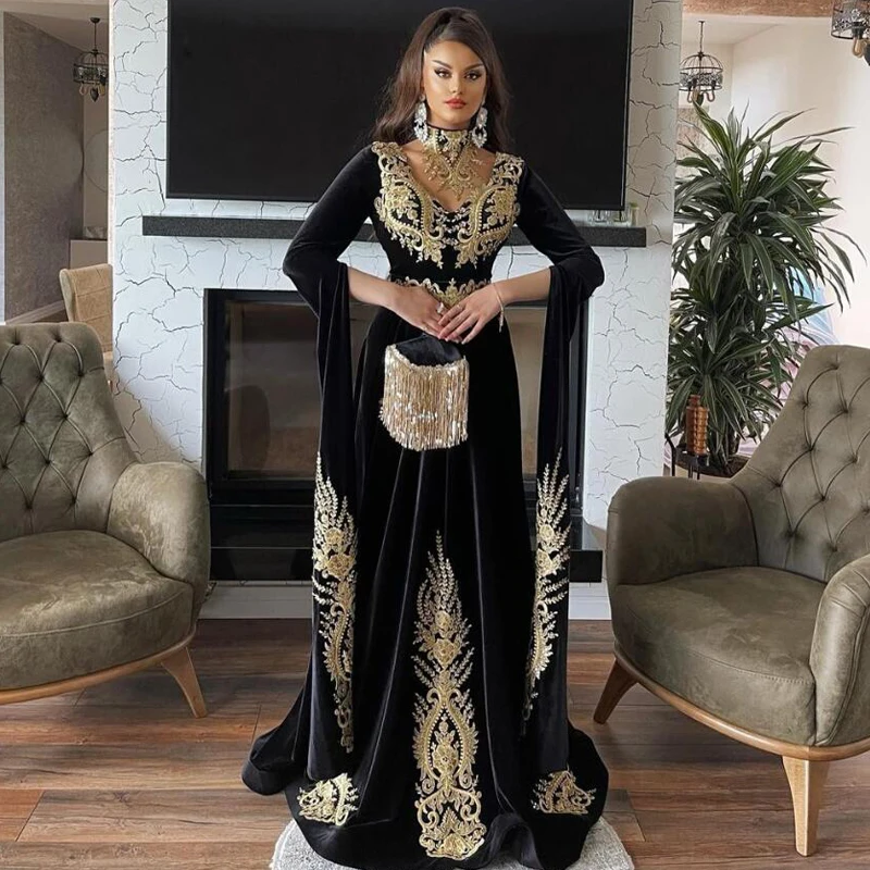 

Thinyfull Black Velour Moroccan Caftan Evening Dress Gold Embroidery Long Sleeve Islamic Dubai Saudi Arabic Abaya Prom Dresses