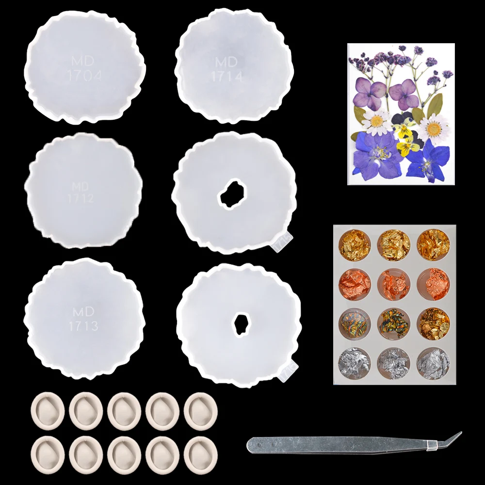20 PCS Coaster Molde Silicona Set Cup Mat Tray Moule Silicone Resine Epoxy With Dried Flowers Tweezers Gold Foils UV Resin Kit