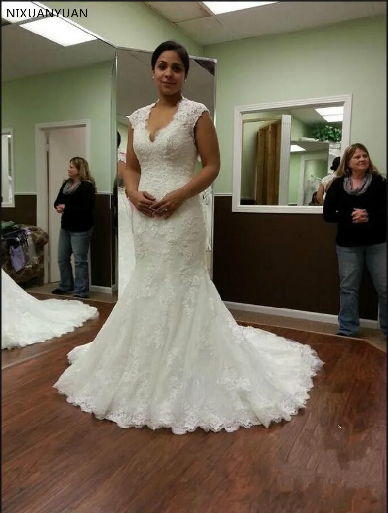 

Mermaid Wedding Dresses Lace Appliques Sexy Plus Size Bridal Dress V Neck Cap Sleeve Open Back Backless Lace Bride Gown