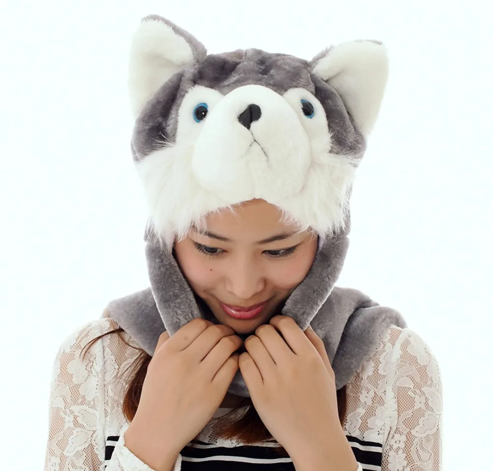 JOYHY Kid's Cute Plush Gray Wolf Animal Hats with Paws Gloves Women Teenagers Girls Boys Winter Halloween Christmas Beanie Caps images - 6