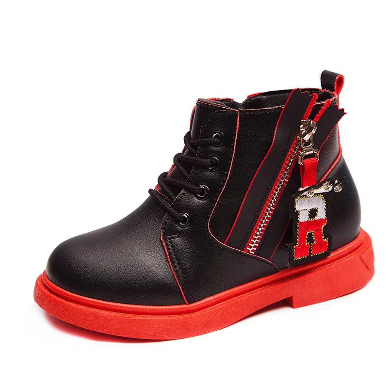 

Children's winter plus velvet booties side zipper leather waterproof boots warm Korean version of the wild boots kids boots