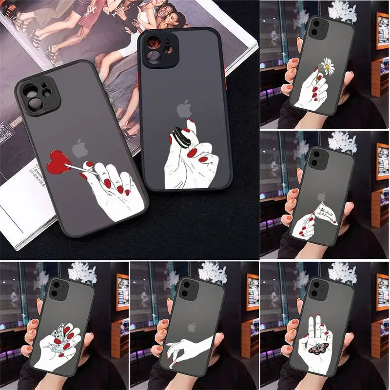 

Hand art daisy Love heart butterfly Phone Case Matte Transparent for iPhone 7 8 11 12 s mini pro X XS XR MAX Plus cover funda
