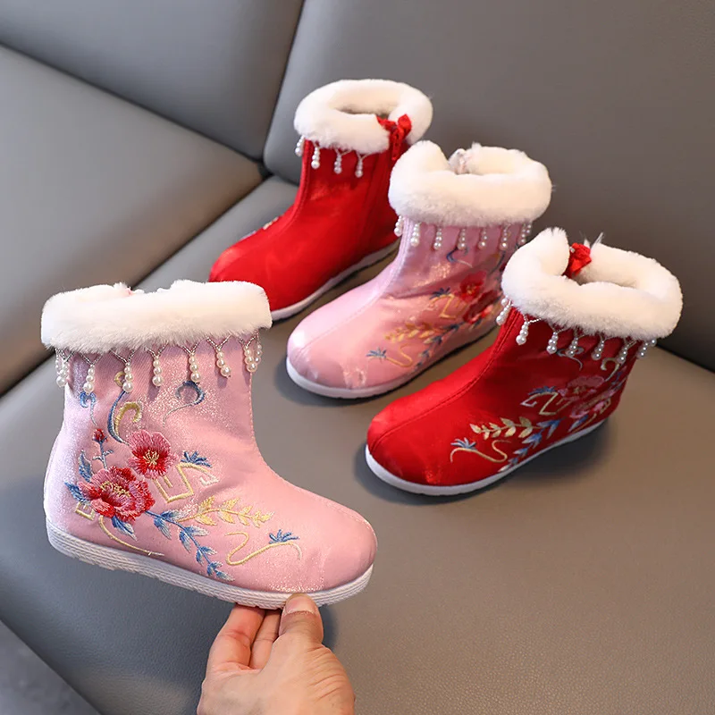 Ботинки с вышивкой для девочек осенне-зимние ботинки Hanfu детская Тканевая обувь