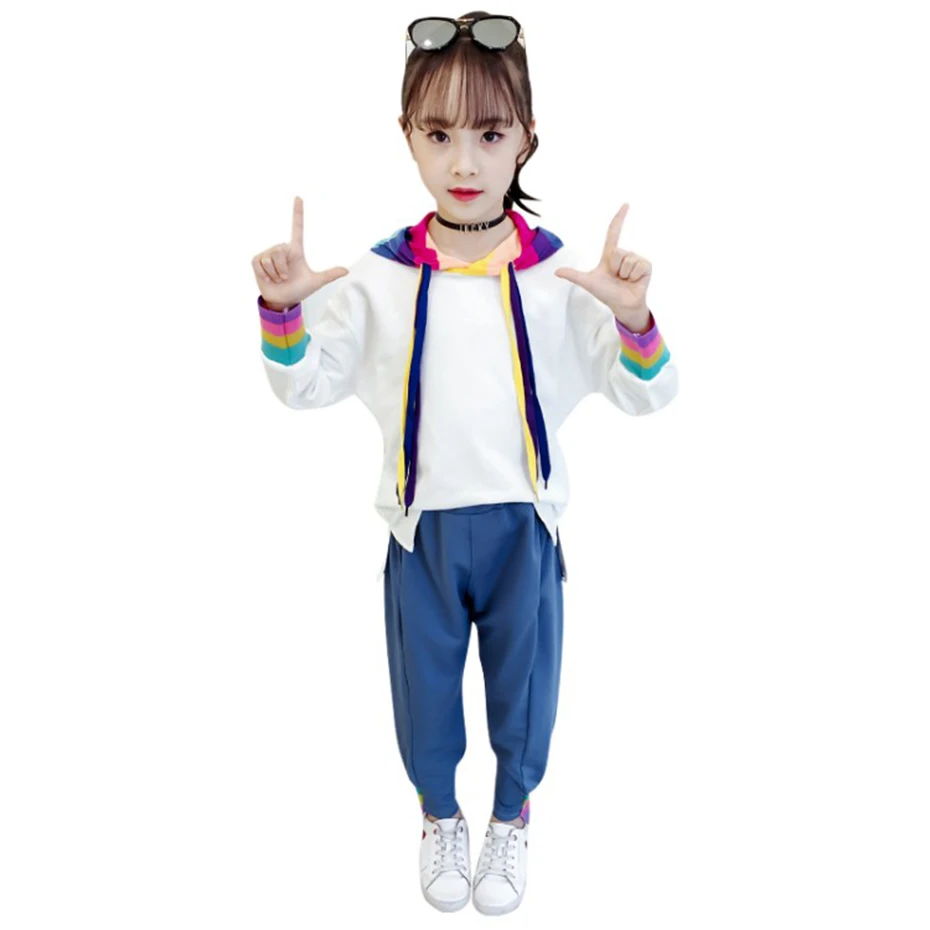 Одежда для девочек Лоскутные толстовки и брюки костюм в радужную полоску