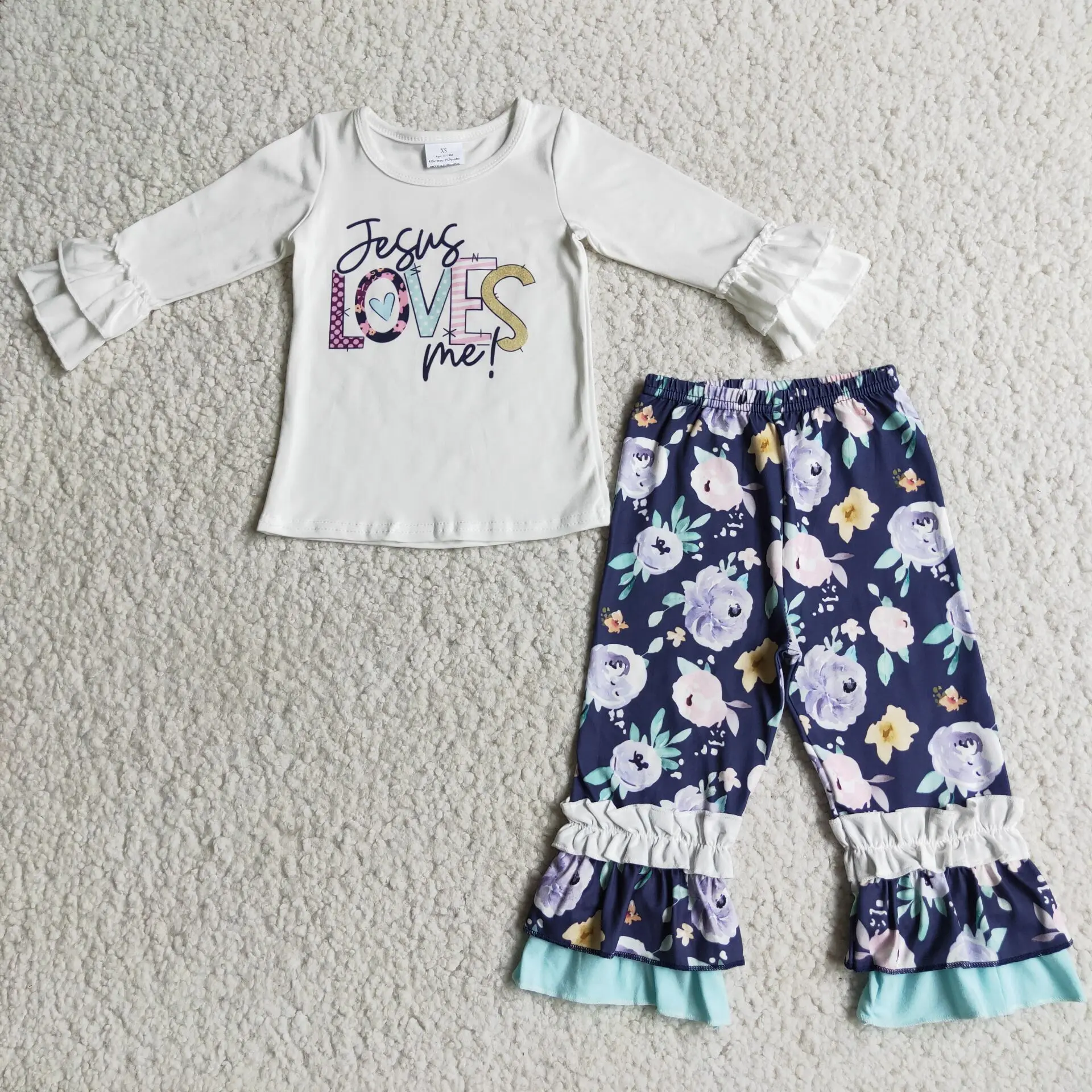 

2022 New Arrival Easter Outfits Floral Flowers Legging Pants Kids Sets Teenage Clothing Sets Jesus Loves Print RTS Girl Sets