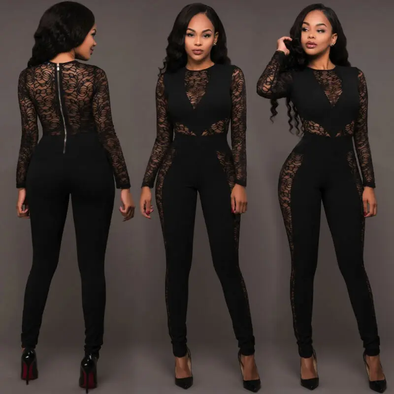 

Sexy Night Party Club Black Lace Sheer Mesh Jumpsuit Women Casual Bamboo Leaf O Neck Long Sleeve Bodycon Rompers Female Overalls