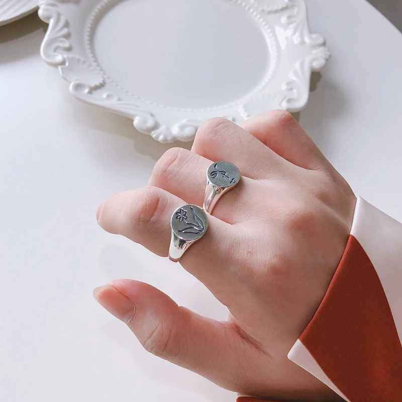 LouLeur 925 пробы серебряные кольца для женщин круглая скульптура человеческое лицо цветок уникальные кольца для сестры элегантные серебряные 925 ювелирные изделия