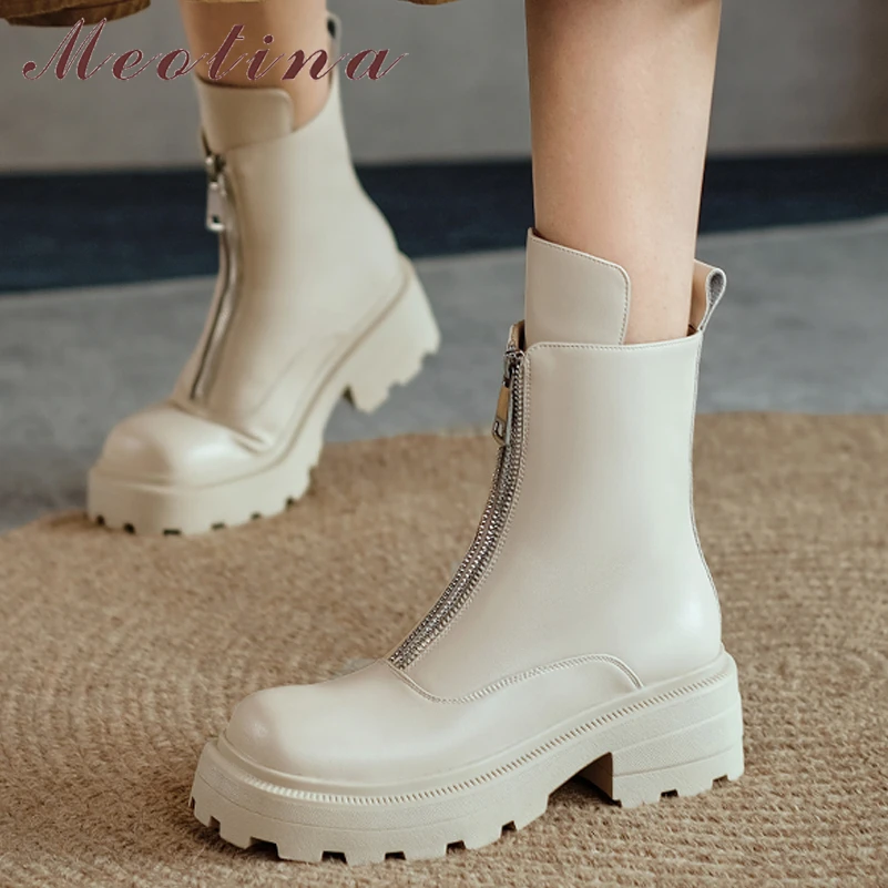 

Meotina Genuine Leather Motorcycle Boots Women Shoes Platform Thick Med Heel Boot Zipper Square Toe Med Calf Boots Autumn 33-40