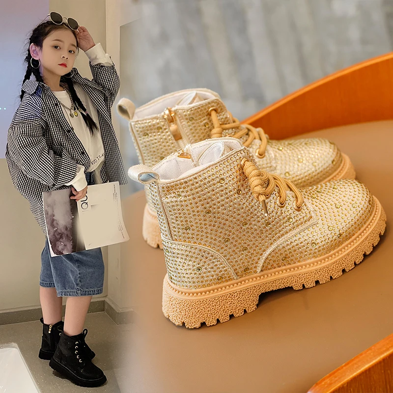 

Autumn 2022 Girls Shoes Non-slip Boots Children Rhinestone Martin Boots Kid Ankle Booties Winter Girls Retro Golden Casual Boots