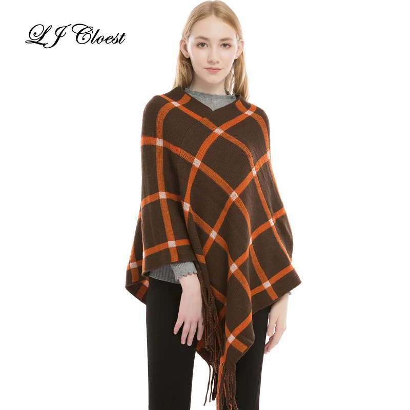 Женская шаль из пашмины вязаный клетчатый пуловер пончо в английском стиле для