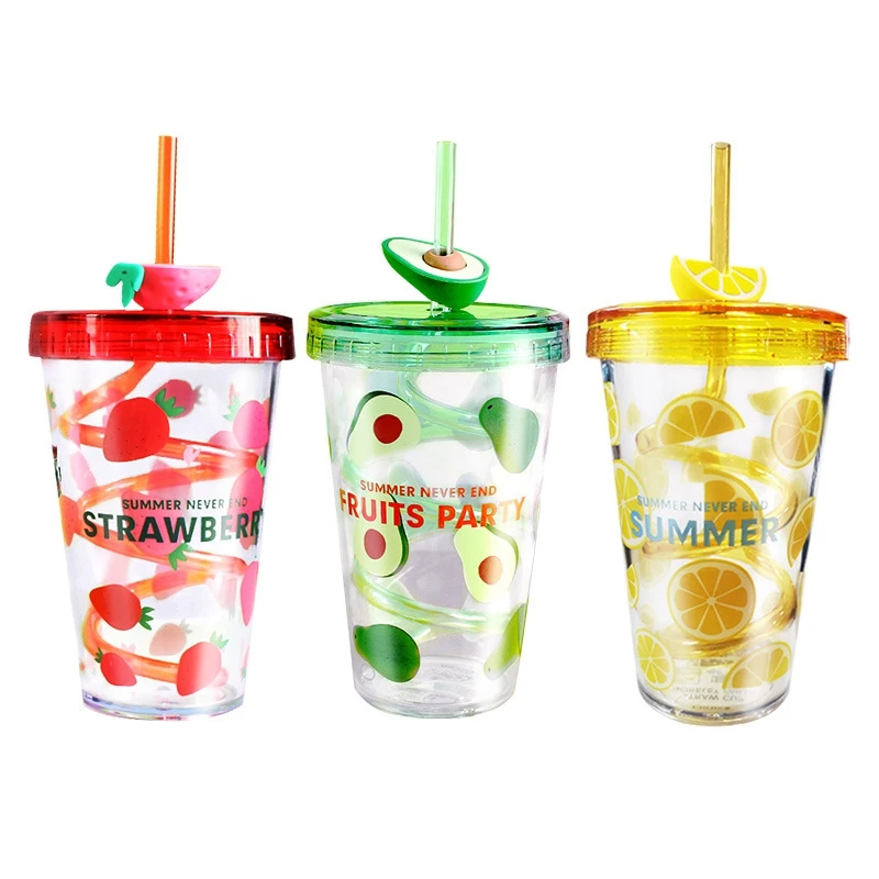 

480Ml Creative Plastic Cup Rotating Straw Cup Cute Fruit Pattern Student Plastic Water Cup Without BPA