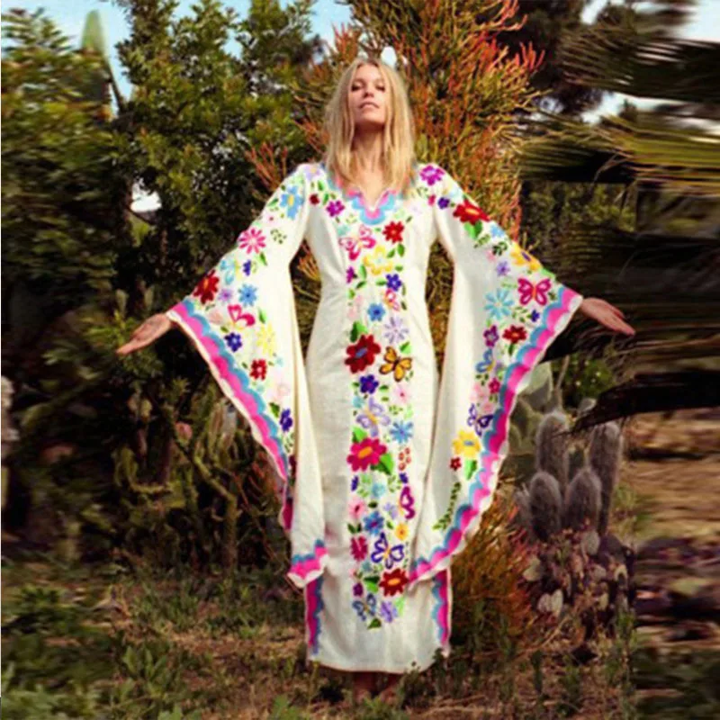 

Women Arab Dress Kaftan Moroccan Bohemian Evening Dress Butterfly Print Autumn Winter Dress Robes Arabe Hijab Caftan