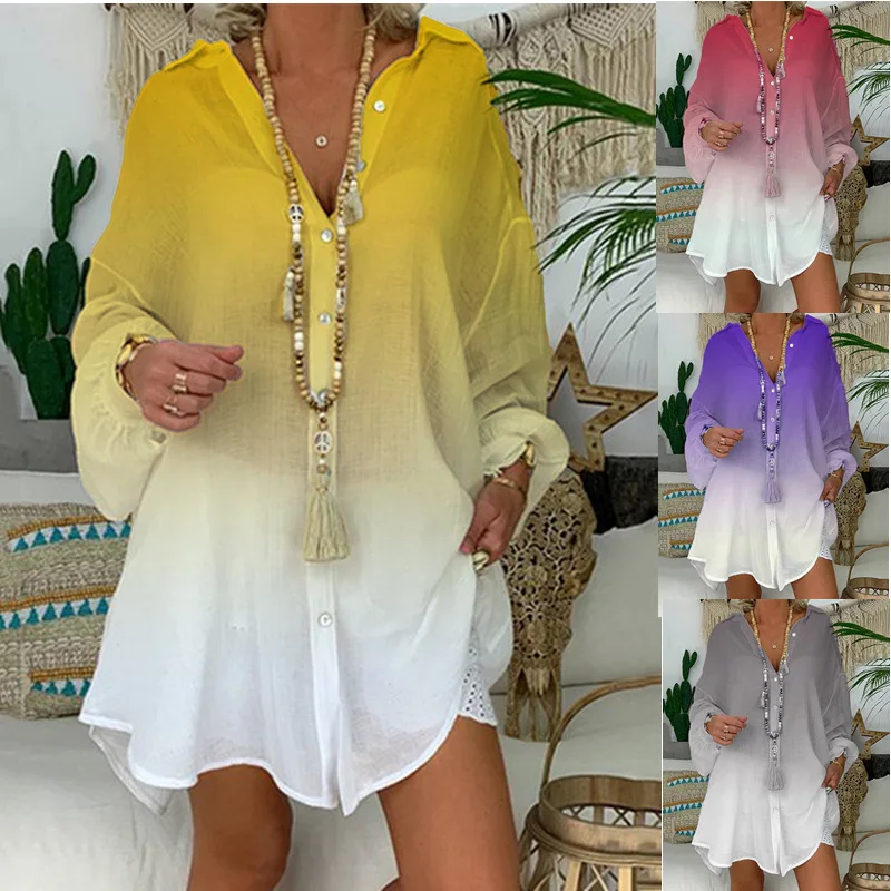 С длинным рукавом размера плюс льняная рубашка для женщин Градиент на пуговицах