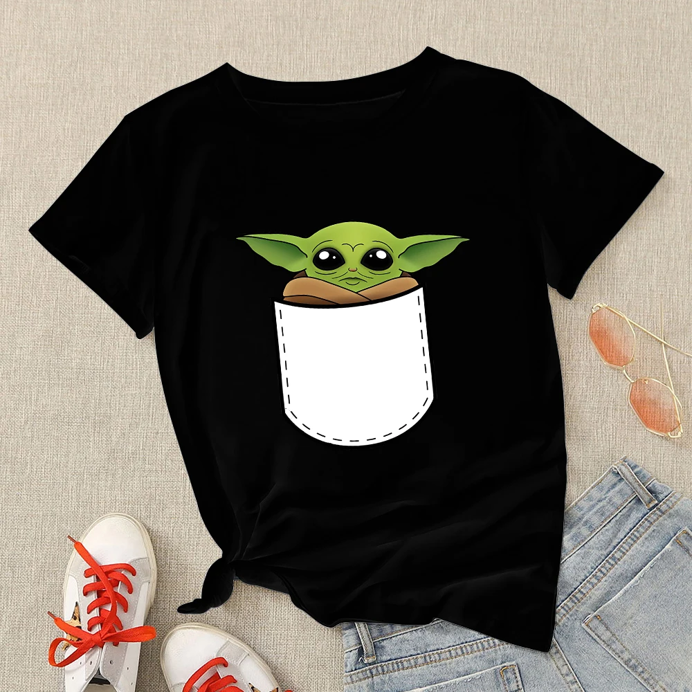 Yoda T-Shirt Baby Yoda Girl The Mandalorian Woman T Shirt Disney Funny Pocket Design Ropa Mujer Summer Urban Women Tshirts