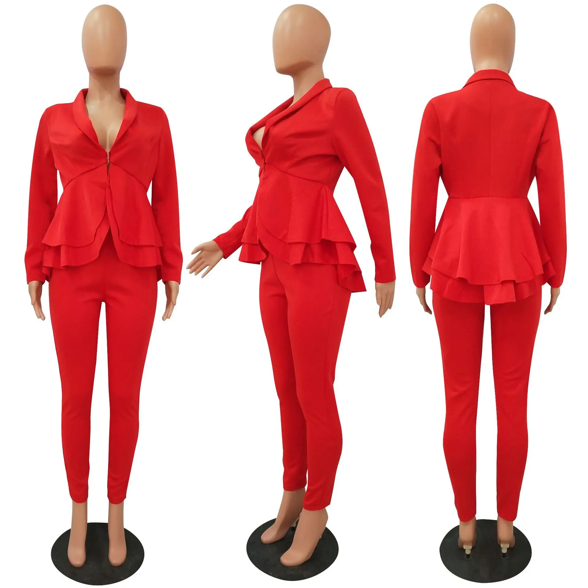 

HAOOHU Women Winter Women's set Tracksuit Full Sleeve Ruffles Blazers Pencil Pants Suit Two Piece Set Office Lady Outfit uniform
