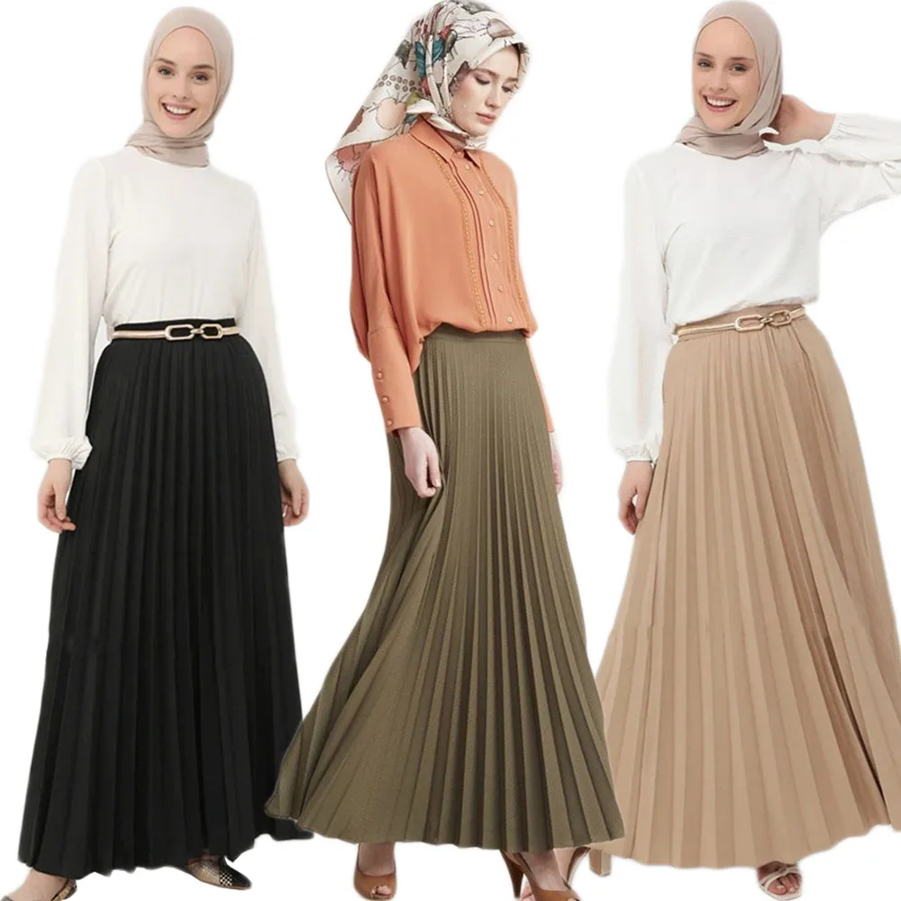 

Women High Waist Pleated Maxi Skirt Spring Long Skirts Turkish Dubai Bottoms Islamic Clothing Solid Color A-Line Musulman Jupes