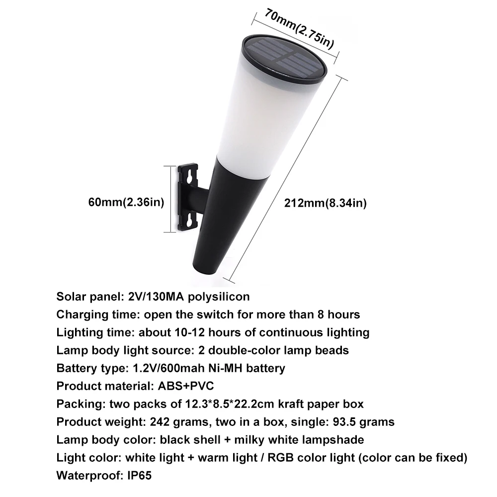 

2pcs Led Solar Light Wall Lamp Cylindrical Wall Light Warm White RGB Color-Changing Waterproof Landscape Lights Garden Yard Lamp