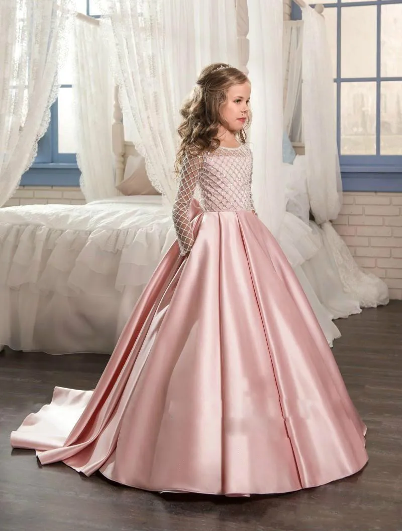 

Платье с цветами для девочек на свадьбу, новое розовое платье с длинными рукавами и бантом, изящное бальное платье с блестками, длина до пола...