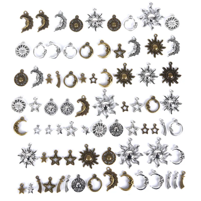 

80pcs/lot Vintage Star Moon Sun Tibetan Mixed Styles Charms Pendants DIY Jewelry For Necklace Bracelet Making Accessaries