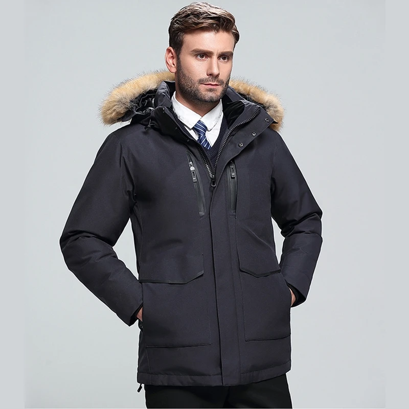 

Winter New 2020 Men's Long White Duck Down Jacket Business Fashion Thicken Warm Fur Collar Hooded Parka and Coats Male Brand