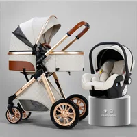 3 in 1 Baby Stroller Royal Luxury Leather Aluminum Frame High Landscape Folding Kinderwagen Pram with Gifts Baby Carriage