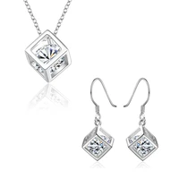 new 925 silver jewelry set silver zircon crystal square necklace earring set for woman charm jewelry gift