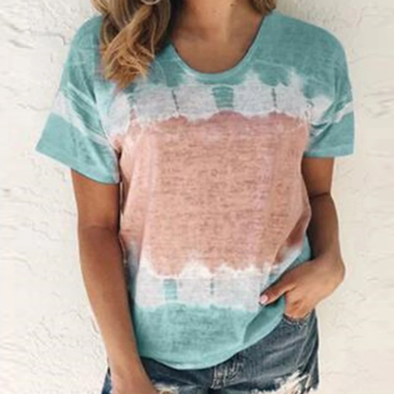 

Patchwork T shirt Women Spring Summer Casual Tops O Neck Short Sleeve Tie dye Print Plus Size Shirts