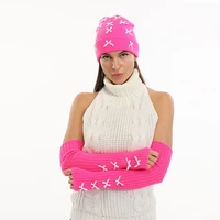 knitted beanie and gloves set knot bow long fingerless gloves arm warmer winter warm hat kit for women