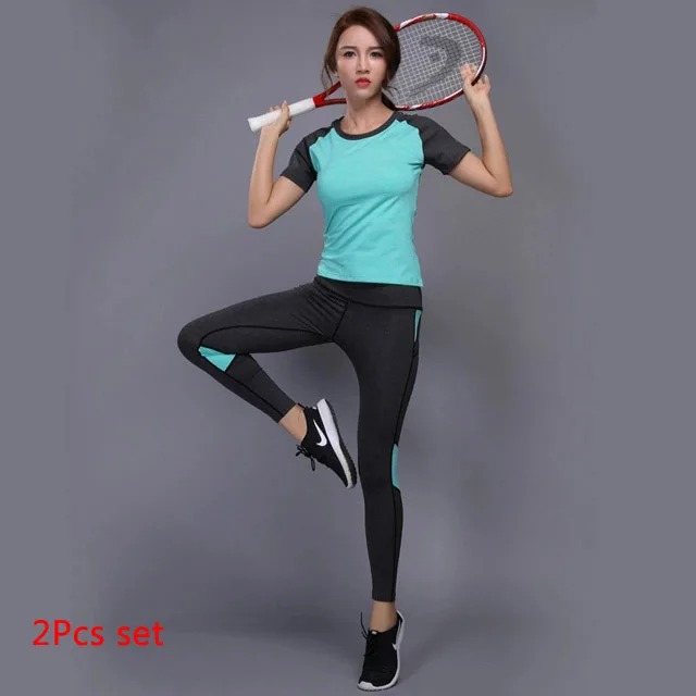 Green 2 Pcs Set Комплект для йоги OLOEY из 2 предметов, одежда для спортзала, фитнеса, теннисная рубашка+ штаны для бега, облегающие Леггинсы для йоги и тренировок, спортивная одежда для женщин - Цвет: Green 2 Pcs Set