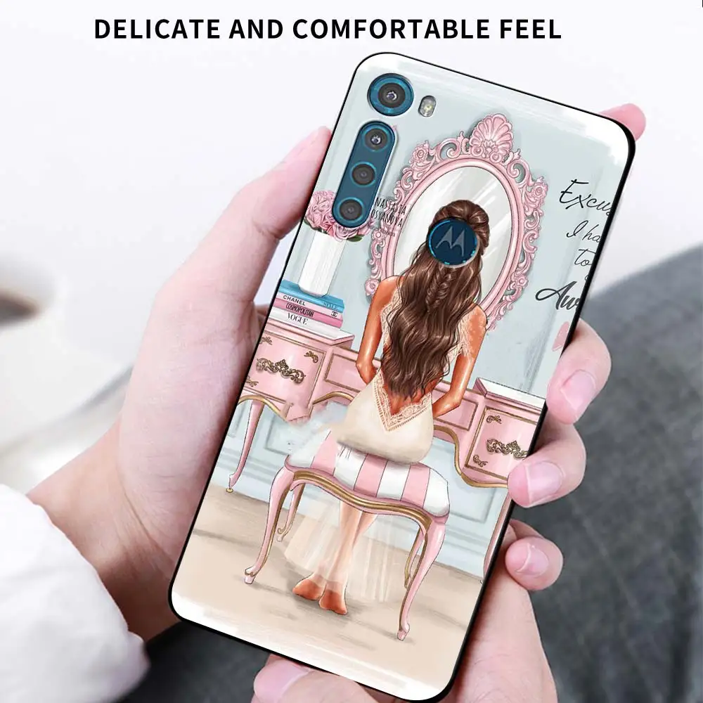 

Phone Case For Motorola One Fusion G9 Play G8 Power Edge Plus E6s G Stylus Black Soft Mobile Cover Brown Hair Female