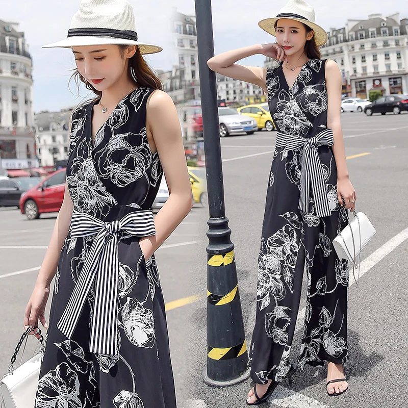 Женский комбинезон с цветочным принтом повседневный без рукавов длинными