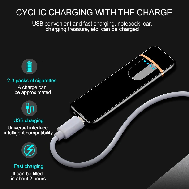 Зажигалка USB заряжаемая электронная ветрозащитная гладкая сенсорная металлическая зажигалка для мужчин и женщин аксессуары для курения navidad