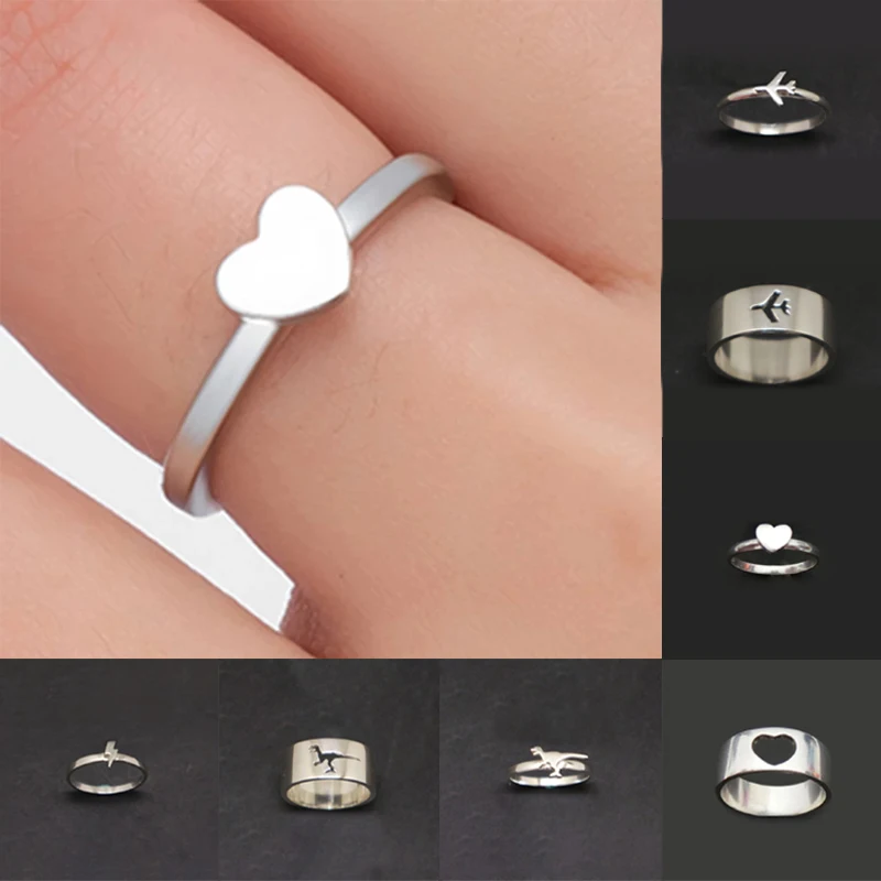 

2021 Fashion Couple Ring for Women Men Airplane Dinosaur Lightning Heart-Shaped Ring Creative Hollow Couple Ring Party Jewelry