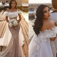 dubai mermaid wedding dress with wrap 3d flowers beads feather lace bridal gowns beach boho elegant dresses robe de mari%c3%a9e