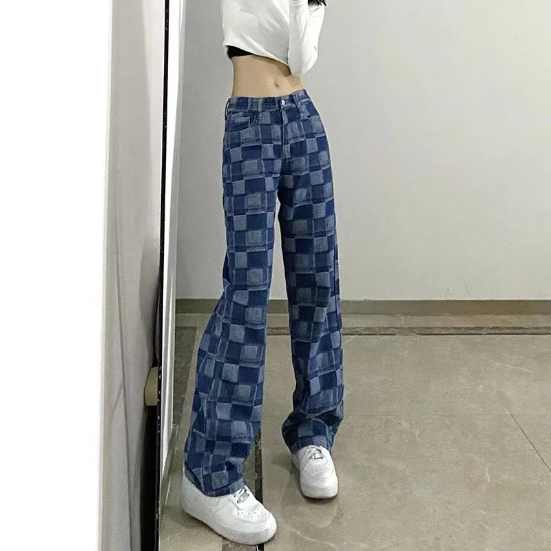 

Aboutlee 2021 винтажные стильные шахматные контрастные джинсы, женские свободные модные прямые брюки на молнии