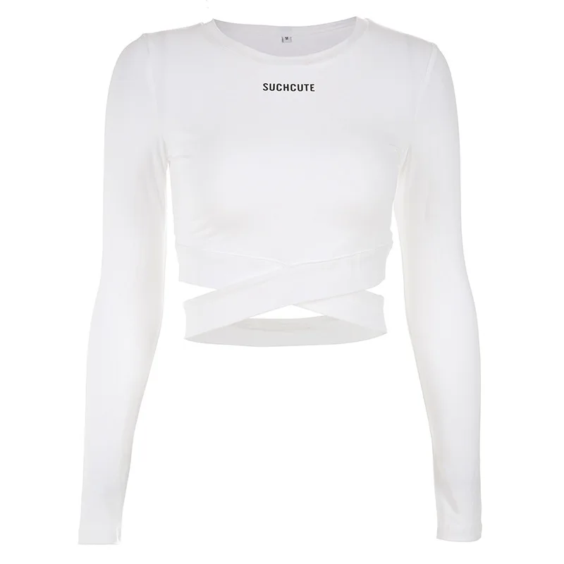 

2020 Early Autumn Popular New Women's Hem Cross Short Sexy Careful Machine Navel Slim Long-Sleeved T-shirt Women's Shirt