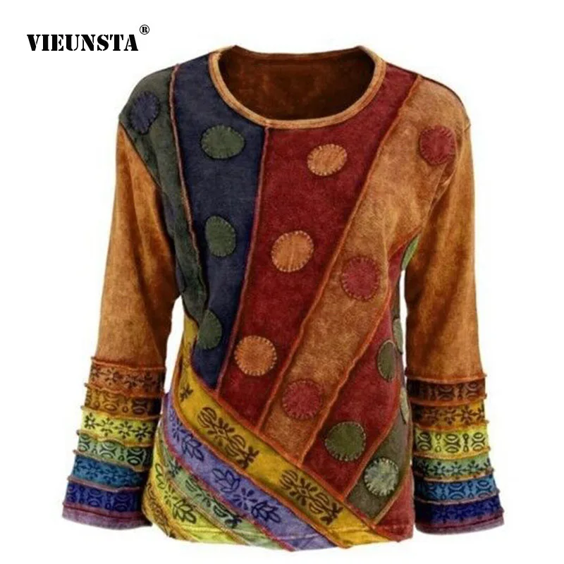 

2021 Elegant Women Autumn Pullover Tops Retro Flare Long Sleeve Loose Blouse Shirt Casual O Neck Polka Dot Print Patchwork Blusa