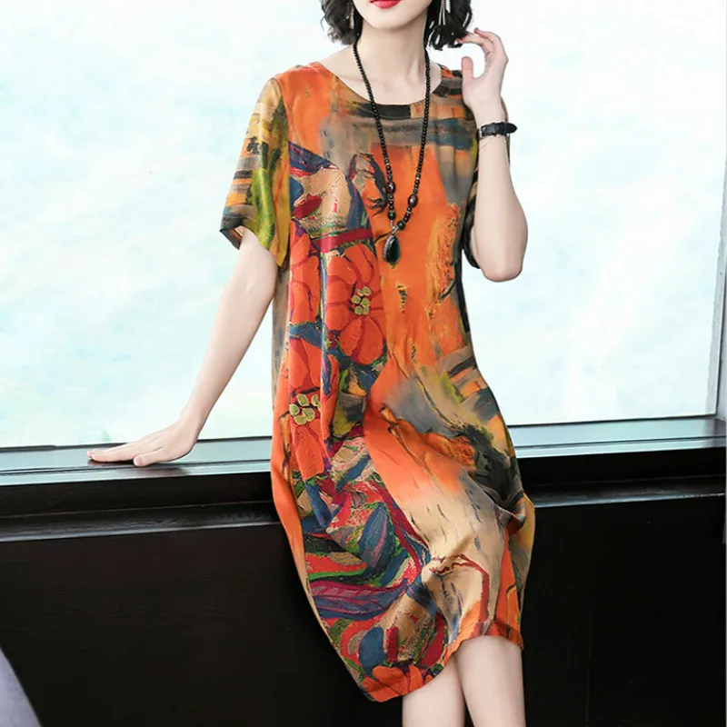 Летнее Новое Женское повседневное шифоновое платье с коротким рукавом и круглым