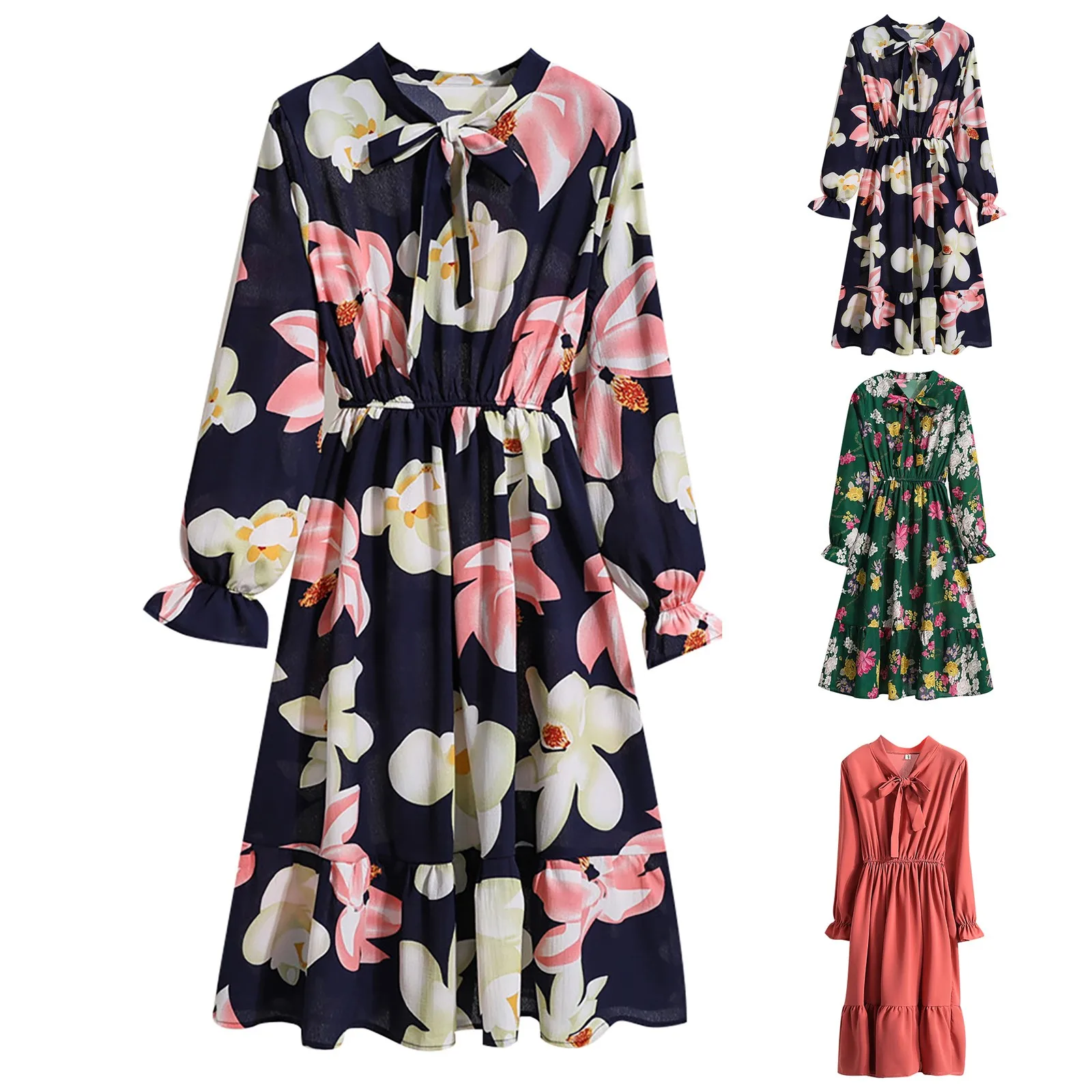 

Женское платье с цветочным принтом, Элегантное повседневное облегающее платье средней длины с длинным рукавом, бантом и эластичным поясом, ...