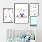 Детская комната украшение для дома картина морские элементы мультфильм холст картины синие и белые полосы Сейлор Капитан плакат