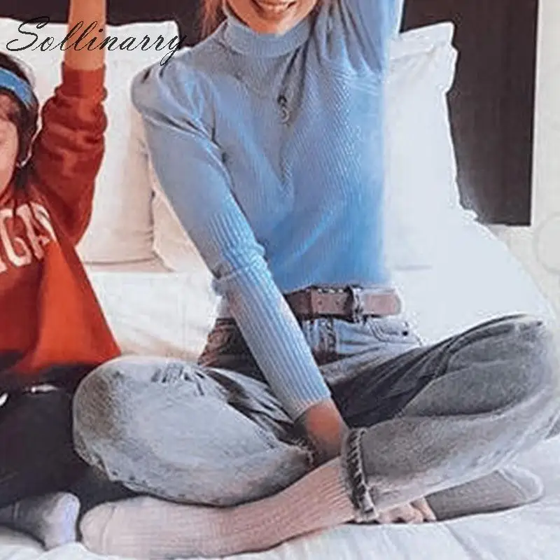 Sollinarry Vintage Turtleneck Women Sweaters Jumper Blue New Fashion Solid Autumn Sweater Winter Female Pullover Black Mujer | Женская