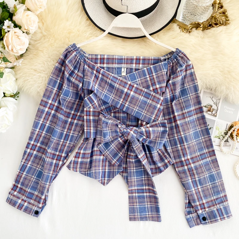 Новинка Женская Сексуальная Повседневная Блузка с открытыми плечами клетчатые