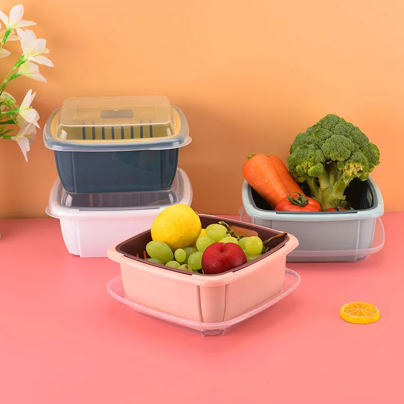 

1Pcs Double-Layer Drain Basket square multifunction fruit vegetable water filter basket fresh-keeping box Kitchen Storage Basket